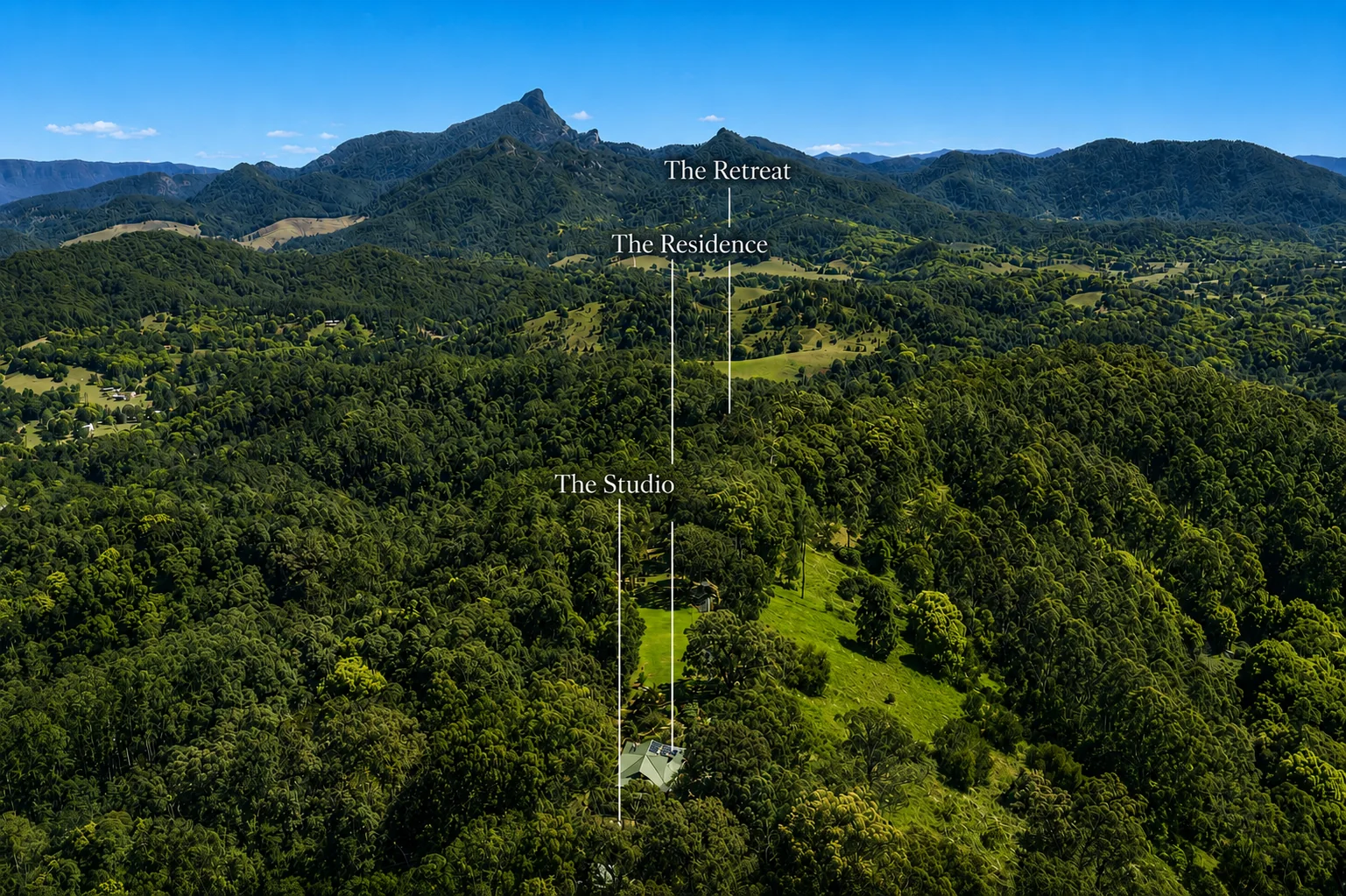 Aerial masterplan across the 134-acre estate, showing the residence, studio and retreat plateau